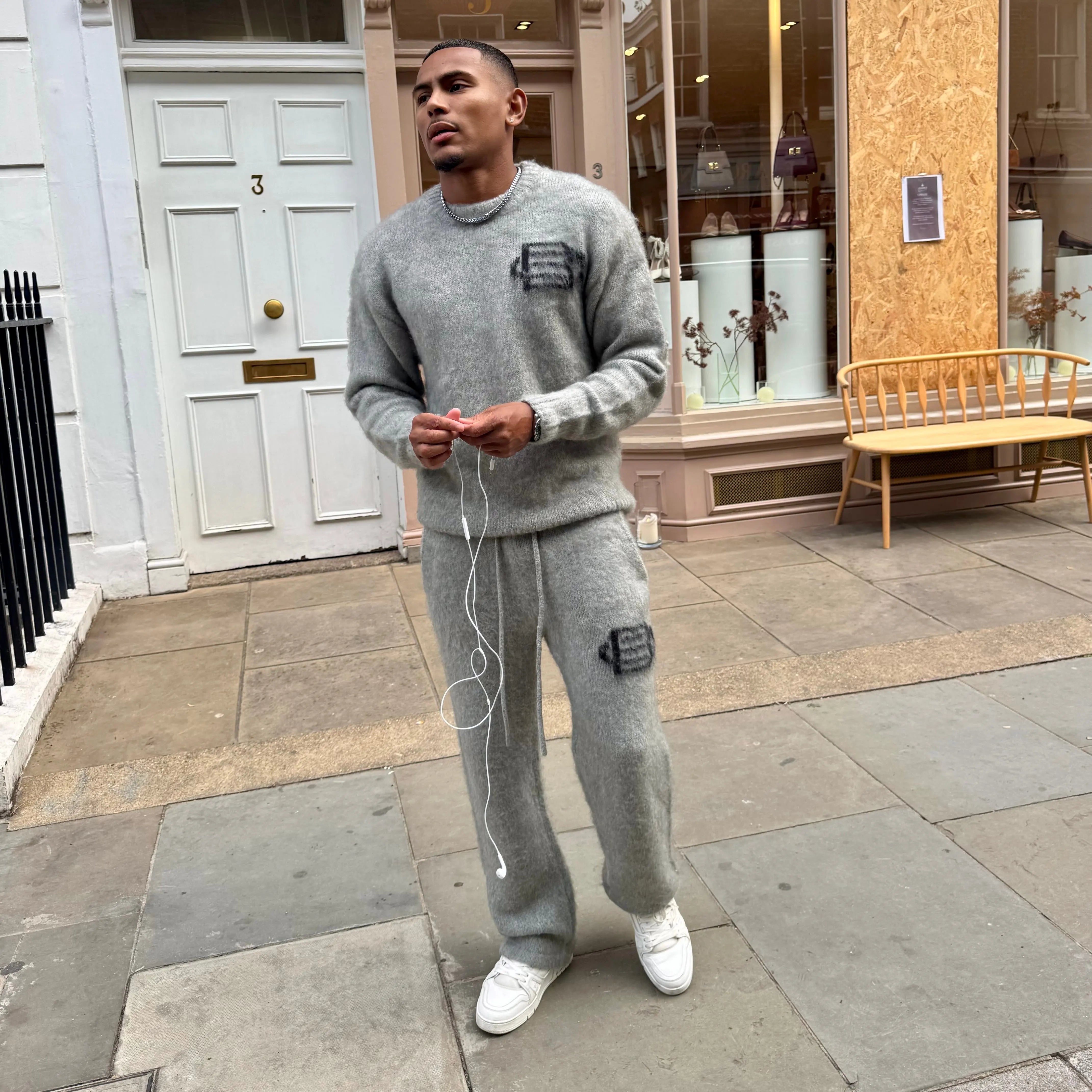 Model View of Bénir Clothing Mohair Knit BC Light Grey Sweatpants MOJOGLGRY